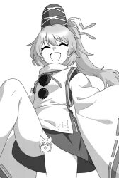 Rule 34 | 1girl, :d, censored, closed eyes, commentary request, facing viewer, greyscale, hat, japanese clothes, kariginu, leg up, long hair, long sleeves, monochrome, mononobe no futo, onkn sxkn, open mouth, pom pom (clothes), ponytail, ribbon-trimmed sleeves, ribbon trim, simple background, skirt, smile, solo, tate eboshi, touhou, toyosatomimi no miko, wide sleeves