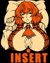 Rule 34 | 1girl, arm up, ascot, black background, breasts, cleavage, closed eyes, english text, female focus, food, fruit, huge breasts, kazami yuuka, long sleeves, lying, macaroni and cheese (artist), monochrome, on back, open mouth, orange (fruit), orange theme, paizuri invitation, pillow, plaid, saliva, sexually suggestive, short hair, simple background, sleeping, solo, sweat, text focus, touhou, unbuttoned, upper body