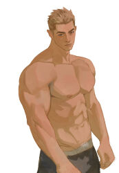 Rule 34 | 1boy, abs, bara, black male underwear, boxers, cowboy shot, highres, horikwawataru, large pectorals, long sideburns, looking at viewer, male focus, male underwear, muscular, muscular male, nipples, original, pectorals, short hair, sideburns, sketch, solo, stomach, thick eyebrows, topless male, underwear