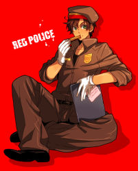 Rule 34 | 1boy, axis powers hetalia, bad id, bad pixiv id, beret, blush, boots, brown hair, circus66, eating, food, gloves, green eyes, hat, looking at viewer, male focus, pants, police, police uniform, sitting, sleeves rolled up, solo, spain (hetalia), text focus, uniform