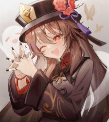 Rule 34 | 1girl, bead bracelet, beads, blush, bracelet, bug, butterfly, genshin impact, ghost, hair between eyes, hands up, hat, highres, hu tao (genshin impact), insect, jewelry, long hair, long sleeves, nail polish, one eye closed, open mouth, own hands together, ring, sidelocks, smile, solo, syandega, symbol-shaped pupils, tassel, upper body, wide sleeves