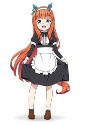 Rule 34 | 1girl, aged down, alternate costume, animal ears, apron, black bow, black bowtie, black dress, blunt bangs, bow, bowtie, brown footwear, collared dress, commentary, dress, ear covers, enmaided, frilled apron, frills, full body, green eyes, hairband, highres, horse ears, horse girl, horse tail, juliet sleeves, kumaji (kumazidayo), loafers, long sleeves, looking at viewer, maid, medium dress, open mouth, orange hair, puffy sleeves, shoes, silence suzuka (umamusume), simple background, skirt hold, smile, socks, solo, standing, straight hair, tail, umamusume, waist apron, white apron, white background, white hairband, white socks
