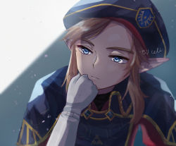 Rule 34 | 1boy, artist name, blonde hair, blue eyes, blue hat, closed mouth, commentary request, expressionless, gloves, grey background, hand on own chin, hat, head rest, highres, link, long hair, military, military uniform, nintendo, official alternate costume, pointy ears, royal guard set (zelda), seri (yuukasakura), sidelocks, signature, solo, the legend of zelda, the legend of zelda: breath of the wild, thinking, uniform, white gloves
