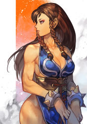 Rule 34 | 1girl, alternate costume, alternate hairstyle, bare legs, bare shoulders, blue dress, bracelet, braid, brown hair, capcom, chinese clothes, chun-li, curvy, dress, hungry clicker, jewelry, long braid, long hair, makeup, muscular, muscular female, pelvic curtain, sash, solo, spiked bracelet, spikes, street fighter, street fighter v
