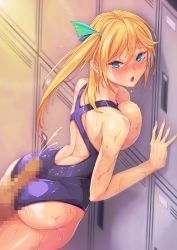 Rule 34 | 1boy, 1girl, against locker, aqua ribbon, ass, bad id, bad pixiv id, bare shoulders, blonde hair, blue eyes, blush, breasts, breasts out, censored, cum, earrings, hair between eyes, hair ribbon, jewelry, large breasts, locker, locker room, long hair, looking at viewer, mosaic censoring, one-piece swimsuit, open mouth, original, penis, purple one-piece swimsuit, rebe11, ribbon, shiny skin, side ponytail, sidelocks, sunset, swimsuit, wet