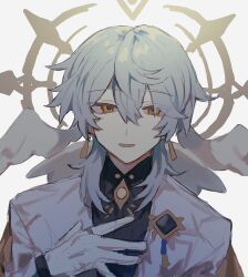 Rule 34 | 1boy, black shirt, blue vest, brooch, collared shirt, earrings, gloves, grey hair, hair between eyes, halo, halo behind head, hand on own chest, head wings, highres, honkai: star rail, honkai (series), inagoinaire, jacket, jewelry, long sleeves, looking at viewer, male focus, open clothes, open jacket, open mouth, ring, shirt, simple background, smile, solo, sunday (honkai: star rail), upper body, vest, white gloves, white jacket, white wings, wing collar, wings, yellow eyes