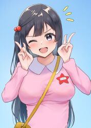 1girl black_hair long_hair long_sleeves looking_at_viewer love_live! love_live!_nijigasaki_high_school_idol_club one_eye_closed open_mouth panaham solo yuki_setsuna yuki_setsuna_(love_live!)