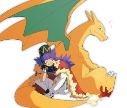 Rule 34 | 1boy, baseball cap, cape, champion uniform, charizard, closed mouth, commentary, creatures (company), dynamax band, facial hair, fire, flame-tipped tail, fur-trimmed cape, fur trim, game freak, gen 1 pokemon, gloves, hand up, hat, highres, leggings, leon (pokemon), long hair, male focus, morio (poke orio), nintendo, notice lines, one eye closed, pokemon, pokemon (creature), pokemon swsh, purple hair, red cape, shirt, shoes, shorts, single glove, sitting, smile, symbol-only commentary, white legwear, white shorts, yellow eyes