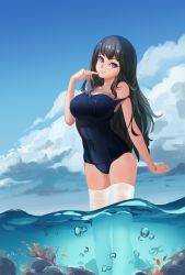 Rule 34 | 1girl, air bubble, animal, bad id, bad pixiv id, black hair, blue sky, breasts, bridow, bubble, cloud, copyright request, coral, day, female focus, finger to mouth, fish, highres, large breasts, long hair, ocean, off shoulder, old school swimsuit, one-piece swimsuit, outdoors, purple eyes, rock, school swimsuit, sky, smile, solo, strap slip, swimsuit, thighhighs, very long hair, wading, white thighhighs
