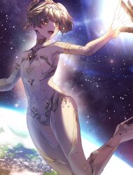 Rule 34 | 1girl, absurdres, blush, bodysuit, brown hair, earth (planet), feather hair ornament, feathers, flat chest, grey bodysuit, hair ornament, highres, long hair, nanami: starfarer (punishing: gray raven), open mouth, planet, punishing: gray raven, side ponytail, sky, spacesuit, star (sky), starry sky, teeth, tiara, toi pngr, upper teeth only, yellow eyes