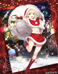 Rule 34 | 1boy, 3girls, belt, blonde hair, blue eyes, boots, box, brown gloves, capelet, christmas, christmas ornaments, christmas tree, commentary request, earrings, full body, fur trim, gift, gift bag, gift box, gloves, highres, hood, jewelry, lamppost, looking at viewer, midriff, multiple girls, navel, open mouth, original, pom pom (clothes), red footwear, red hood, red skirt, running, sack, santa costume, skirt, smile, snow, stuffed animal, stuffed toy, teddy bear, torn sack, twitter username, type-alpha, winter clothes