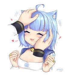 Rule 34 | 1girl, absurdres, animal collar, animal ears, animal print, arms up, atlanta (warship girls r), bell, blue hair, blunt bangs, blush, bob cut, bra, breasts, cat ears, cat girl, cat print, cheek squash, cleavage, clenched hands, closed eyes, collar, dated, hand on another&#039;s cheek, hand on another&#039;s face, hand on another&#039;s head, hands up, happy, head tilt, headpat, heart, highres, jewelry, light blue hair, long sleeves, neck bell, neckerchief, open clothes, open mouth, pov, pov hands, red collar, ring, short hair, signature, simple background, smile, solo focus, strapless, strapless bra, thick eyebrows, underwear, warship girls r, white background, white bra, white sleeves, william.b