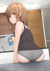 Rule 34 | 1girl, ass, bad id, bad pixiv id, black tank top, blush, brown eyes, brown hair, can, closed mouth, from behind, grey panties, hair between eyes, head tilt, holding, holding can, indoors, kantai collection, ne an ito, panties, short hair, sink, sitting, solo, tank top, underwear, wakaba (kancolle)
