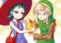 Rule 34 | 1boy, 1girl, angry, bag, blonde hair, blue eyes, blush, blush stickers, brown eyes, clenched teeth, couple, dress, earrings, eye contact, eyeshadow, gem, green eyeshadow, green hair, hat, jewelry, link, long sleeves, looking at another, makeup, maple (zelda), nintendo, polka dot, polka dot background, pulling, rupee (zelda), short hair, sleeveless, sleeveless dress, sweat, sweatdrop, teeth, the legend of zelda, the legend of zelda: a link to the past, the legend of zelda: oracle of ages, the legend of zelda: oracle of seasons, trembling, upper body, witch, witch hat