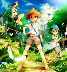 Rule 34 | 3boys, bandages, barefoot, black eyes, bug, butterfly, butterfly net, cloud, day, hand net, hat, insect, male focus, mauveboy, multiple boys, noeyebrow (mauve), original, rainbow, short hair, sky, standing, straw hat