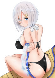 Rule 34 | 1girl, alternate costume, ass, bikini, black bikini, blue eyes, blush, breasts, closed mouth, grey hair, hair between eyes, hair ornament, hairclip, hamakaze (kancolle), hifumi kei, highres, hose, kantai collection, large breasts, looking at viewer, short hair, simple background, sitting, smile, solo, swimsuit, water, white background
