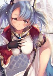 Rule 34 | 10s, 1girl, artist name, bad id, bad pixiv id, bent over, black gloves, blue hair, blush, breasts, brown eyes, chromatic aberration, fingerless gloves, fukai ryosuke, gem, gloves, granblue fantasy, groin, hair between eyes, hand on own chest, hanging breasts, hat, jewelry, large breasts, long hair, long sleeves, looking at viewer, pelvic curtain, puffy long sleeves, puffy sleeves, ring, blue gemstone, shoulder pads, signature, smile, solo, sophia (granblue fantasy), twintails