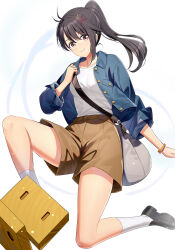 Rule 34 | 1girl, bag, black footwear, black hair, blue jacket, breasts, brown eyes, brown shorts, closed mouth, commentary, hair between eyes, hair ornament, hairclip, hand up, highres, iwato suzume, jacket, loafers, long hair, long sleeves, looking at viewer, munakata souta, open clothes, open jacket, ponytail, ririko (zhuoyandesailaer), shirt, shoes, shorts, shoulder bag, small breasts, smile, socks, solo, suzume no tojimari, white shirt, white socks, x hair ornament