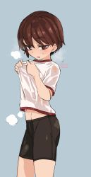 Rule 34 | 1girl, absurdres, aomushi (mushamusha), artist name, bike shorts, black shorts, blue background, brown eyes, brown hair, clothes lift, commentary request, cowboy shot, dated, girls und panzer, gym shirt, gym uniform, half-closed eyes, highres, isobe noriko, lifted by self, looking at viewer, open mouth, shirt, shirt lift, short hair, short shorts, short sleeves, shorts, simple background, smile, solo, standing, steam, sweat, sweaty clothes, t-shirt, white shirt