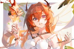 Rule 34 | 1girl, arknights, bare shoulders, breasts, chain, cleavage, criss-cross halter, cup, day, food, hair between eyes, hair ornament, halterneck, holding, holding cup, holding spoon, horns, ice cream, ice cream spoon, long hair, looking at viewer, medium breasts, official alternate costume, outdoors, parted lips, purple eyes, red hair, solo, spoon, star (symbol), star hair ornament, sunlight, surtr (arknights), surtr (colorful wonderland) (arknights), swimsuit cover-up, upper body