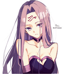 Rule 34 | 1girl, bare shoulders, black dress, breasts, brown hair, cleavage, collarbone, dress, facial mark, fate/stay night, fate (series), forehead, forehead mark, highres, looking at viewer, medium breasts, medusa (fate), medusa (rider) (fate), medusa (rider) (third ascension) (fate), parted bangs, purple eyes, signature, simple background, sofra, solo, strapless, strapless dress, twitter username, upper body, white background