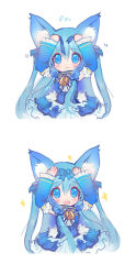 Rule 34 | 1girl, :d, animal ears, arms up, aura kingdom, ayako (aura kingdom), blue bow, blue dress, blue eyes, blue hair, blue ribbon, blush, bow, chibi, closed mouth, detached sleeves, dress, fang, flying sweatdrops, hair between eyes, hair bow, hair ribbon, lock, long hair, long sleeves, maodouzi, open mouth, padlock, ribbon, smile, sparkle, very long hair, white background, wolf ears