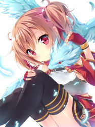 Rule 34 | 10s, 1girl, animal, animal on shoulder, armor, black thighhighs, blush, breastplate, brown hair, feathers, fingerless gloves, gloves, highres, looking at viewer, pina (sao), red eyes, senoo aoi, short twintails, silica, skirt, smile, solo, sword art online, thighhighs, twintails, white background