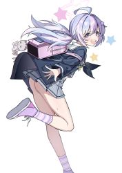 Rule 34 | 1girl, absurdres, ahoge, ass, backpack, bag, bag charm, black jacket, black neckerchief, blue archive, blush, charm (object), foot out of frame, grey skirt, hair ornament, halo, high tops, highres, jacket, long hair, long sleeves, looking at viewer, looking back, low twintails, multicolored hair, neckerchief, no panties, open mouth, pink footwear, pink hair, pink socks, purple eyes, purple hair, reisa (blue archive), shoes, simple background, skirt, smile, sneakers, socks, solo, star (symbol), star hair ornament, tamago (eva1314056), twintails, two-tone hair, v-shaped eyebrows, white background