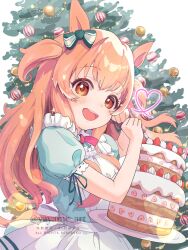 Rule 34 | 1girl, animal ears, blush, bow, cake, christmas tree, clothing request, commentary request, dress, food, fruit, hair between eyes, hair ornament, highres, holding, horse ears, horse girl, long hair, looking at viewer, mayano top gun (umamusume), open mouth, orange hair, puffy short sleeves, puffy sleeves, short sleeves, smile, solo, strawberry, twintails day, two side up, umamusume, yayame art
