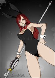 Rule 34 | 1girl, animal ears, bow, bowtie, breasts, brown eyes, cleavage, erza scarlet, fairy tail, fake animal ears, female focus, hand on own hip, highres, hip focus, playboy bunny, rabbit ears, red hair, solo, staff