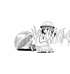 Rule 34 | 1girl, carrot, closed mouth, commentary request, grass, greyscale, helmet, highres, monochrome, muji (uimss), original, outdoors, rope, simple background, solo, turtle