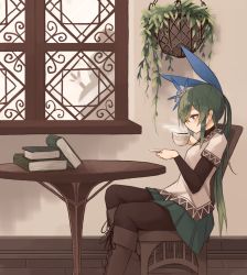 Rule 34 | 1girl, black pantyhose, blue bow, blue eyes, blush, book, book stack, boots, bow, brown footwear, coffee, cross-laced footwear, cup, from side, green hair, green skirt, hair bow, hand up, highres, holding, holding cup, holding plate, indoors, kaginoni, knee boots, lace-up boots, long hair, original, pantyhose, plant, plate, pleated skirt, ponytail, saucer, selenoah, sidelocks, skirt, solo, steam, table, teacup