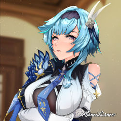 Rule 34 | 1girl, 3d background, absurdres, black gloves, blue hair, blurry, breasts, close-up, commentary, crossed arms, depth of field, english commentary, eula (genshin impact), genshin impact, gloves, grey eyes, hair between eyes, hair ornament, hairband, highres, kamilisme, large breasts, long hair, long sleeves, looking at viewer, necktie, puffy long sleeves, puffy sleeves, sidelocks, solo, vision (genshin impact)