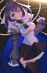 Rule 34 | 1girl, bare shoulders, black gloves, black thighhighs, blue bow, blue eyes, bow, breasts, center opening, chain, cleavage, commentary, cowboy shot, detached sleeves, dutch angle, gem, gloves, glowing, hair between eyes, hair ornament, halo, hand up, highres, hololive, hololive english, kawaiipony2, large breasts, long sleeves, looking at viewer, medium hair, ouro kronii, puffy long sleeves, puffy sleeves, skirt, sleeves past wrists, solo, striped clothes, striped skirt, thighhighs, veil, vertical-striped clothes, vertical-striped skirt, virtual youtuber, zipper
