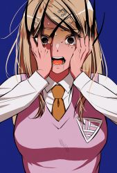 Rule 34 | 1girl, absurdres, akamatsu kaede, blonde hair, blue background, blush, breasts, brown necktie, claws, collared shirt, commentary request, crying, danganronpa (series), danganronpa v3: killing harmony, drooling, fortissimo, hair ornament, hands on own face, hands up, highres, large breasts, long hair, long sleeves, looking at viewer, musical note, musical note hair ornament, necktie, pink vest, saliva, sanmian (chidarakeno), school uniform, shirt, simple background, solo, sweat, sweater vest, tears, teeth, upper body, very long fingernails, vest, white shirt
