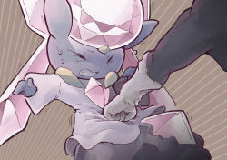 Rule 34 | 1girl, 1other, animal ears, black shirt, brown background, chest jewel, clenched teeth, closed eyes, colored skin, creatures (company), diancie, female focus, game freak, gen 6 pokemon, gerigoo, gloves, grey skin, highres, legendary pokemon, long hair, mythical pokemon, nintendo, outstretched arm, pain, pink gemstone, pink hair, pokemon, pokemon (creature), punching, ryona, shirt, simple background, solo focus, stomach punch, sweat, teeth, twintails, white gloves, white shirt