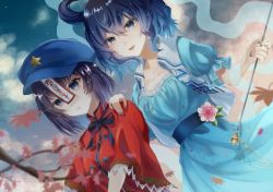 Rule 34 | 2girls, blue dress, blue eyes, blue hair, blurry, blurry foreground, cabbie hat, chinese clothes, chisel, dress, dutch angle, flower, hair ornament, hair ribbon, hair rings, hand on another&#039;s shoulder, hat, highres, kaku seiga, leaf, looking at viewer, maple leaf, mimino courou, miyako yoshika, multiple girls, ofuda, open mouth, outdoors, outstretched arms, pink flower, purple eyes, purple hair, purple headwear, ribbon, shawl, short hair, short sleeves, smile, star (symbol), star hair ornament, tangzhuang, touhou, upper body, vest, white vest