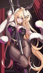 Rule 34 | 1girl, absurdres, animal ears, armpits, arms up, between breasts, between legs, black leotard, black pantyhose, blonde hair, bow, bowtie, breasts, closed mouth, detached collar, ekuskarma, fake animal ears, fang, goddess of victory: nikke, green eyes, hair between eyes, highres, large breasts, leotard, long hair, official alternate costume, pantyhose, playboy bunny, pole, rabbit ears, rupee (nikke), rupee (rabbit deluxe) (nikke), skin fang, solo, strapless, strapless leotard, stripper pole, thick thighs, thighs, very long hair, yellow bow, yellow bowtie