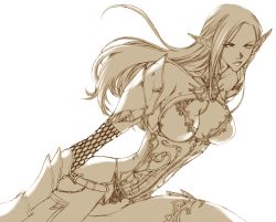Rule 34 | armor, bare shoulders, belt, boots, chain, dark elf, elf, gordon (tori63), lineage, lineage 2, lips, long hair, monochrome, pointy ears, simple background, solo, thigh boots, thighhighs