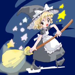 Rule 34 | 1girl, apron, blonde hair, bow, broom, brown eyes, dress, female focus, hat, hat bow, holding, holding broom, kirisame marisa, lowres, open mouth, puffy short sleeves, puffy sleeves, short sleeves, smile, solo, star (symbol), starry background, embodiment of scarlet devil, touhou, white bow, witch, witch hat