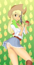 Rule 34 | 1girl, absurdres, apple, apple print, applejack, belt, blonde hair, boots, breasts, cleavage, cowboy hat, food, food print, freckles, fruit, green eyes, gun, hat, highres, holding, holding gun, holding weapon, kamitsuki manmaru, large breasts, long hair, my little pony, my little pony: equestria girls, my little pony: friendship is magic, panties, pantyshot, personification, smile, solo, standing, underwear, weapon