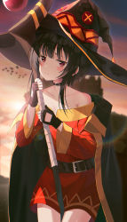 Rule 34 | 1girl, bandages, bare shoulders, belt, black belt, black cape, black choker, black gloves, black hair, black hat, blurry, blurry background, blush, cape, choker, closed mouth, collarbone, commentary request, contrapposto, cowboy shot, dress, fingerless gloves, frown, gloves, hat, highres, holding, holding staff, kanzi, kono subarashii sekai ni shukufuku wo!, long sleeves, looking at viewer, megumin, off-shoulder dress, off shoulder, outdoors, red dress, red eyes, short hair, solo, staff, sunset, witch hat
