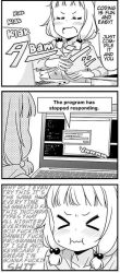 Rule 34 | &gt; &lt;, 10s, 1girl, 3koma, comic, computer, closed eyes, greyscale, hair bobbles, hair ornament, hard-translated, hood, hoodie, laptop, long hair, low twintails, monochrome, new game!, non-web source, pout, profanity, sakura nene, solo, source request, third-party edit, truth, twintails