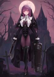Rule 34 | 1girl, black gloves, blush, bodystocking, boots, breasts, building, chowbie, full body, gloves, gun, habit, holding, holding gun, holding suitcase, holding weapon, knee boots, large breasts, long hair, nun, nunholy, purple hair, red eyes, solo, suitcase, tombstone, weapon