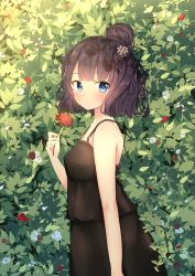 Rule 34 | 1girl, bare arms, bare shoulders, black dress, black hair, blue eyes, blush, breasts, closed mouth, commentary request, dress, fate/grand order, fate (series), flower, hair bun, hair ornament, hand up, holding, holding flower, katsushika hokusai (fate), lokyin house, looking at viewer, looking to the side, red flower, single hair bun, sleeveless, sleeveless dress, small breasts, solo, white flower