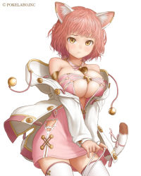 Rule 34 | 1girl, :t, animal ears, armlet, bad id, bad pixiv id, bare shoulders, bell, breasts, brown eyes, buttons, cat ears, cleavage, cleavage cutout, clothing cutout, cowboy shot, dress, hood, hoodie, large breasts, looking at viewer, off shoulder, original, pink dress, pink hair, pink skirt, ribbon, short hair, simple background, skirt, solo, ss39, standing, tail, thighhighs, watermark, white background, white thighhighs, zettai ryouiki