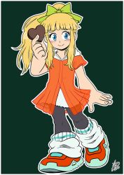 Rule 34 | 1girl, android, black background, blonde hair, blue eyes, blush, bow, candy, chocolate, chocolate heart, facing viewer, female focus, food, full body, green bow, hair bow, heart, high ponytail, holding, holding chocolate, holding food, ian dimas, long hair, loose socks, mega man (classic), mega man (series), pantyhose, ponytail, roll (mega man), signature, simple background, smile, socks, solo, standing