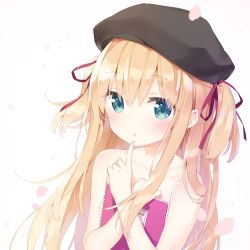 Rule 34 | 1girl, blonde hair, blue eyes, blush, breasts, covering privates, covering breasts, finger to mouth, hair ornament, hair ribbon, hat, highres, long hair, nude, peco, red ribbon, ribbon, shimotsuki potofu, short twintails, shushing, simple background, topless, twintails