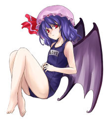 Rule 34 | 1girl, bad id, bad pixiv id, barefoot, bat wings, blue hair, female focus, full body, hagane soushi, hat, one-piece swimsuit, red eyes, remilia scarlet, school swimsuit, short hair, simple background, solo, swimsuit, touhou, white background, wings