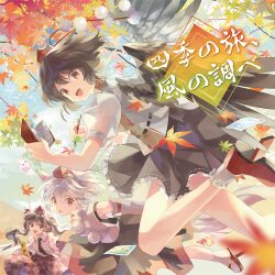 Rule 34 | 3girls, album cover, album name, animal ears, autumn leaves, bird wings, black hair, black necktie, black wings, camera phone, cellphone, checkered clothes, checkered skirt, commentary request, cover, detached sleeves, flip phone, flower, geta, hat, himekaidou hatate, holding, holding notebook, holding pen, inubashiri momiji, leaf, leaf print, leg up, long hair, looking at viewer, maple leaf, multiple girls, necktie, notebook, open mouth, pen, phone, photo (object), pointy ears, pom pom (clothes), purple headwear, red eyes, red headwear, shameimaru aya, short hair, short sleeves, skirt, smile, subaru (subachoco), sunflower, tail, tengu, tengu-geta, tokin hat, touhou, twintails, white hair, wings, wolf ears, wolf girl, wolf tail